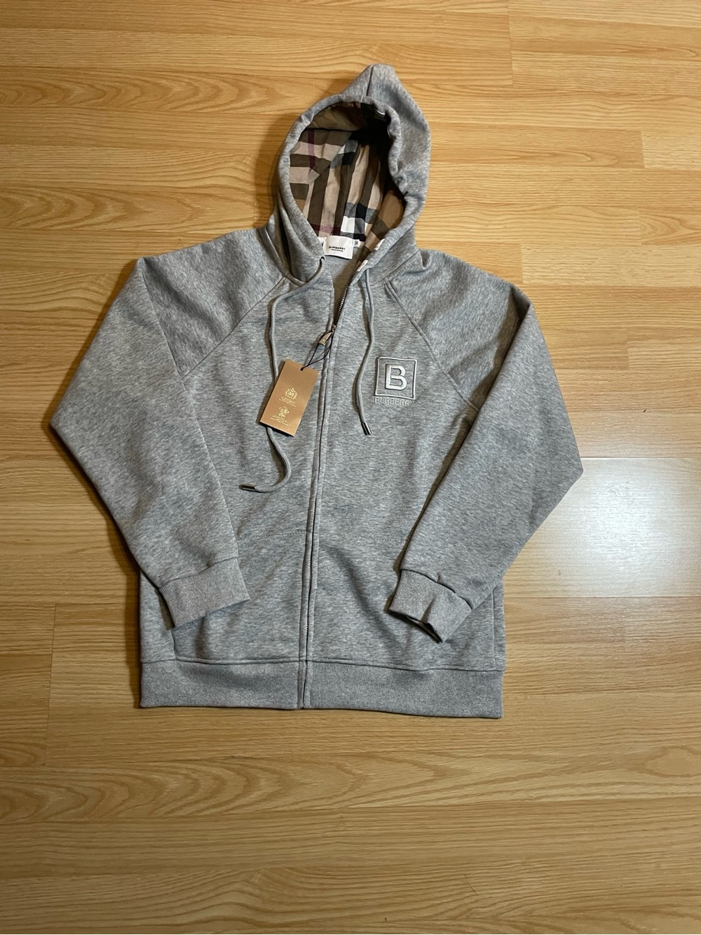 Burberry Grey Zip-Up Hoodie with Signature Check Hood Lining